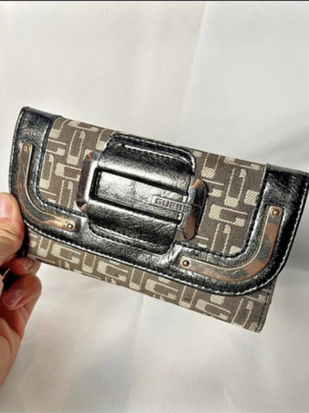 GUESS Y2K Signature Monogram Trifold Wallet Black Buckle Jacquard